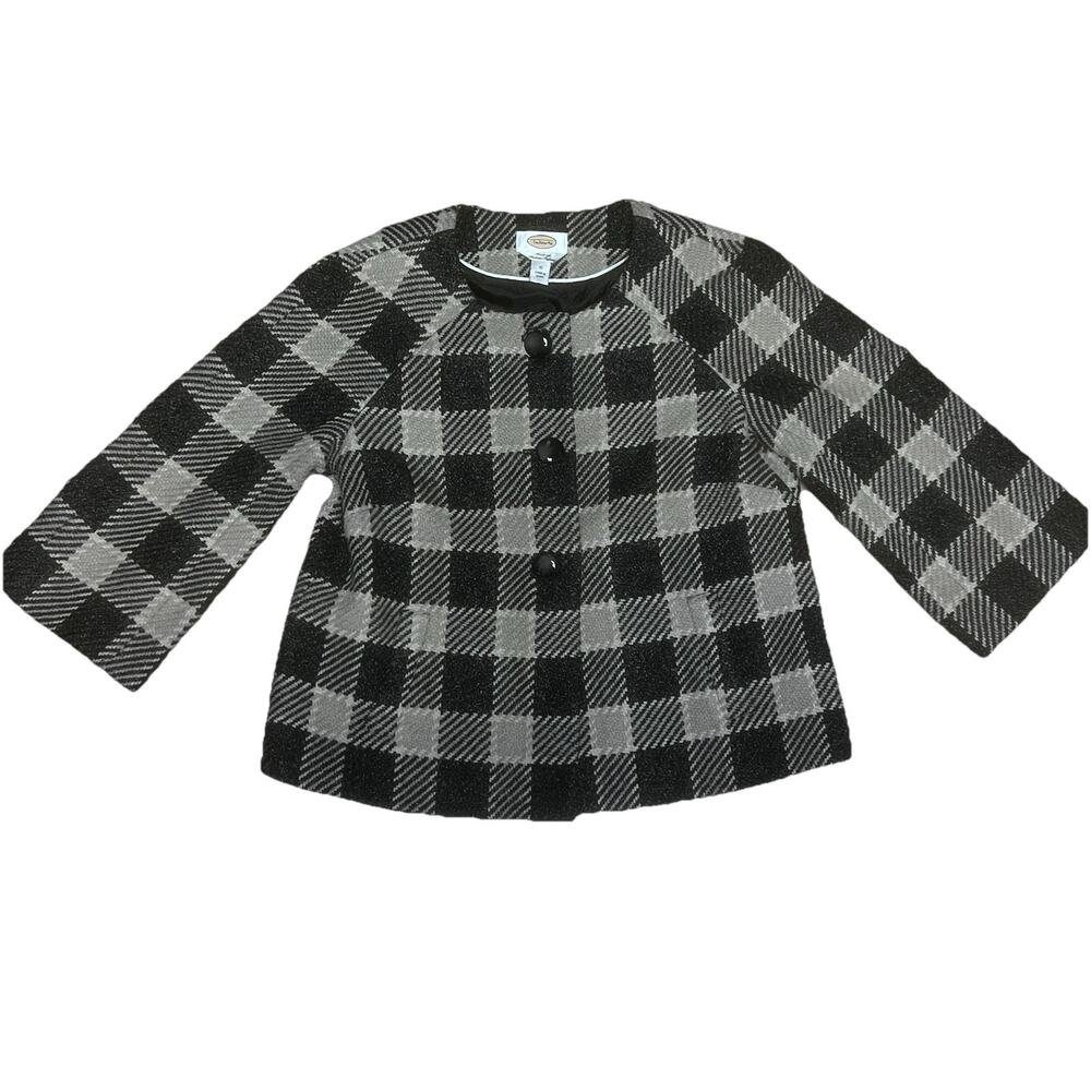 SZ 10 Talbots Wool Blend Glen Plaid Two-Button Blazer Jacket Black Beige EUC